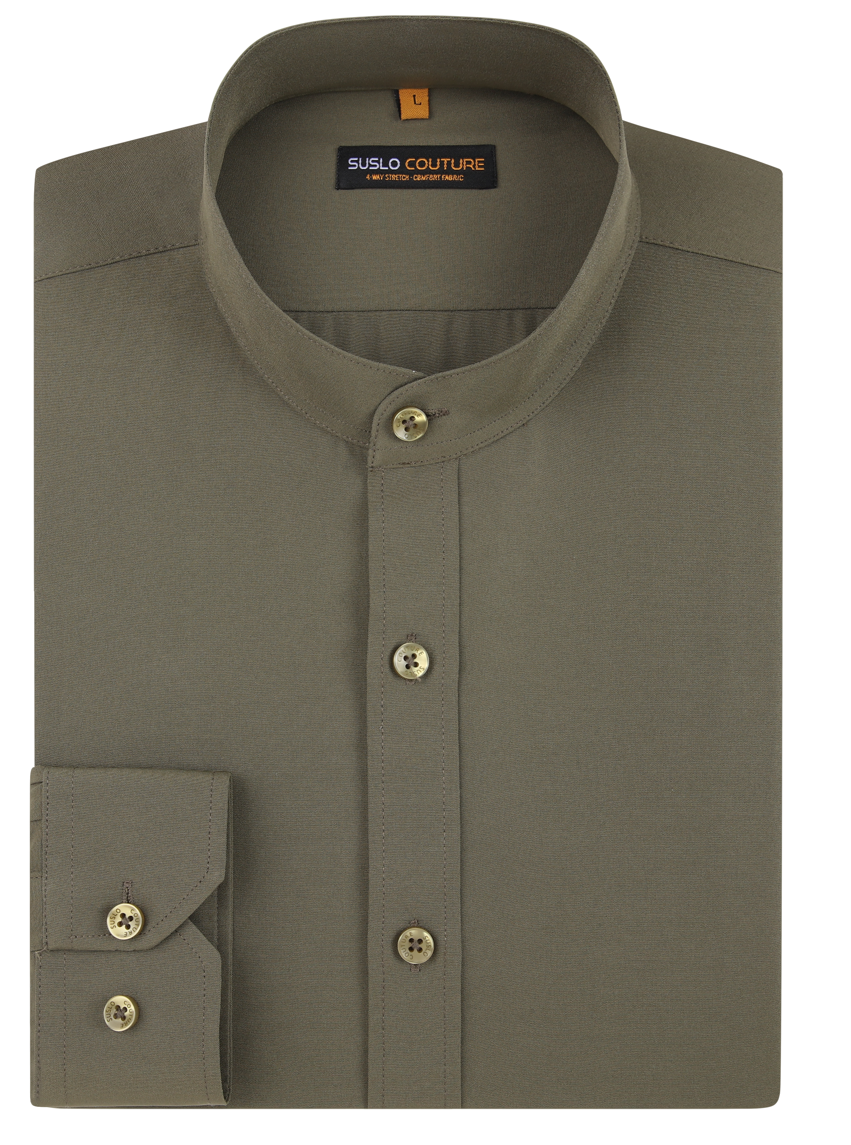 Banded Collar Solid Shirt - Olive