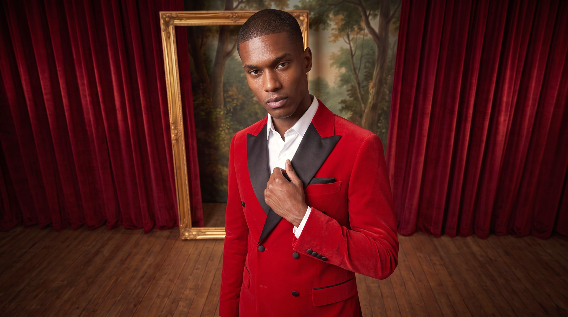 Man in a red velvet tuxedo standing between red velvet curtains and an ornate gold frame