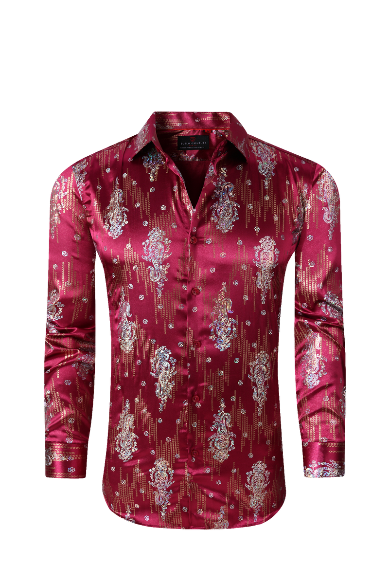 Stretch Fabric Foil Long Sleeve Shirt - Red