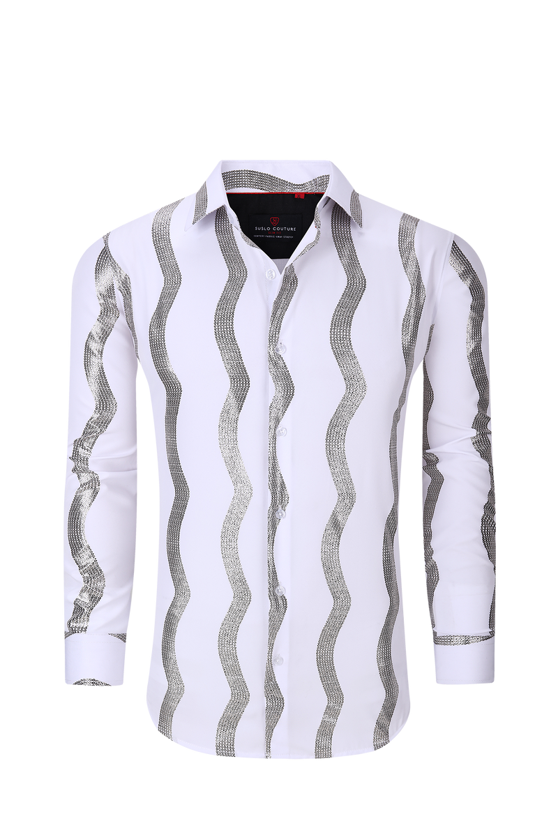 Long Sleeve White Wave Foil Stretch Shirt