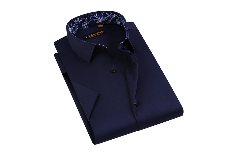 Suslo Solid 4 Way Stretch Short Sleeve Shirt - Navy