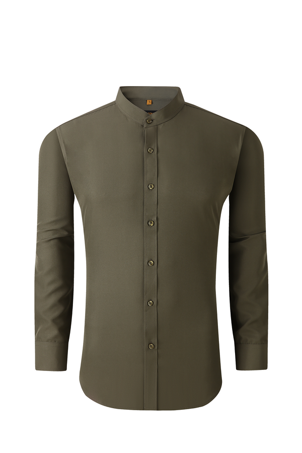 4 Way Stretch Mandarin Collar Solid Shirt - Olive