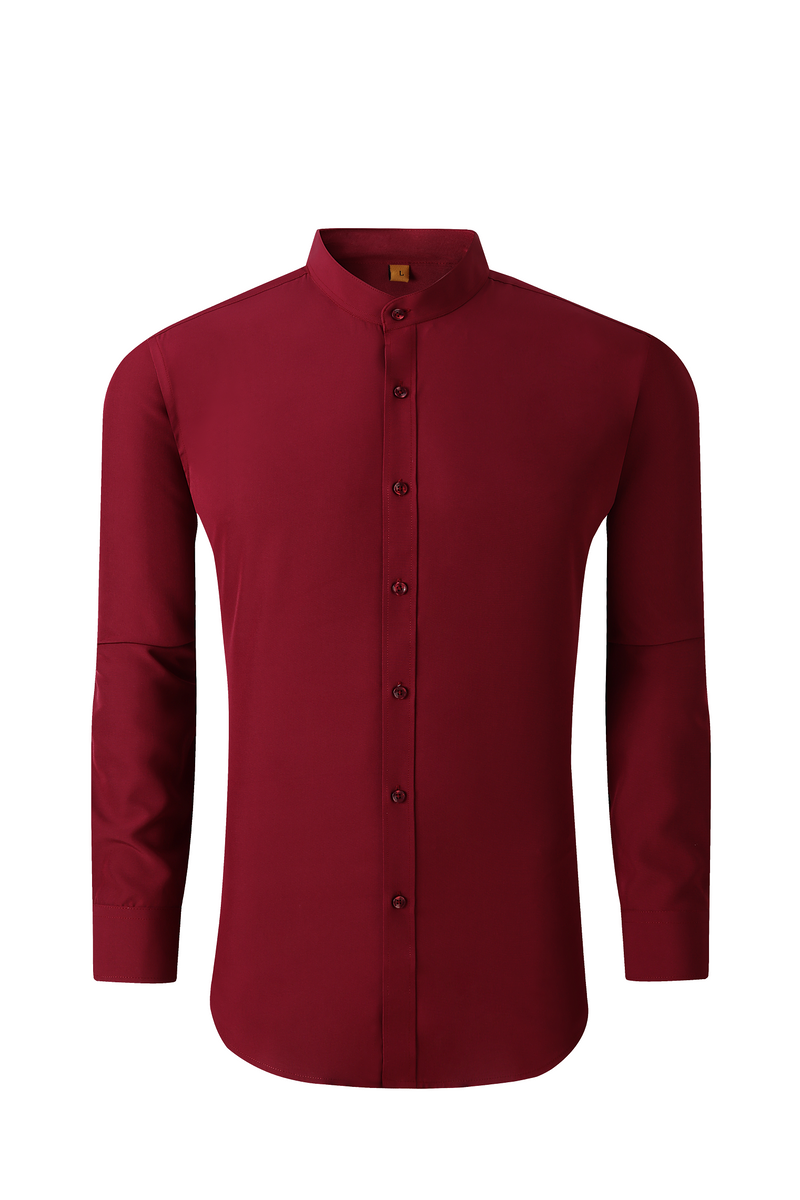 4 Way Stretch Mandarin Collar Solid Shirt -Burgundy