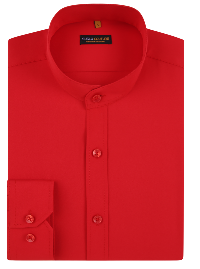 4 Way Stretch Mandarin Collar Solid Shirt - Red