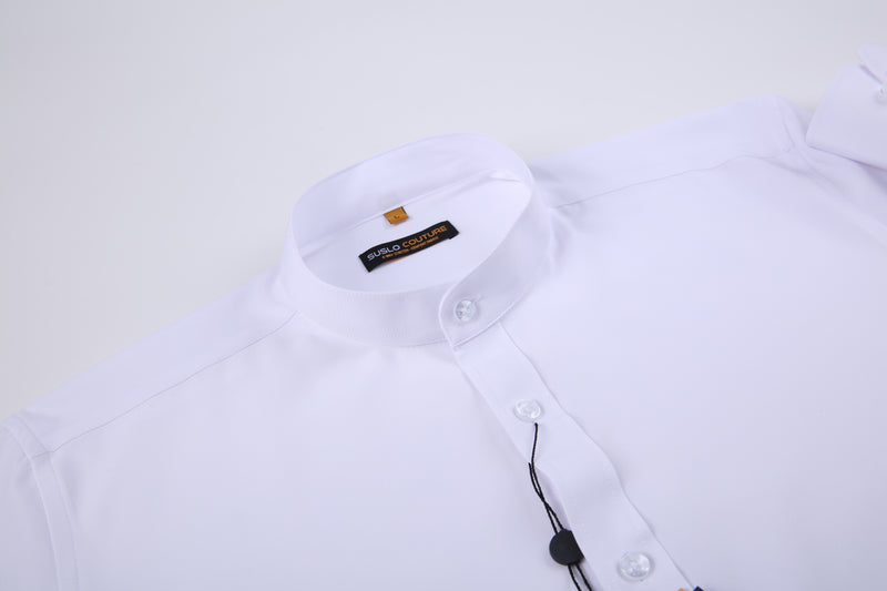 4 Way Stretch Mandarin Collar Solid Shirt - White