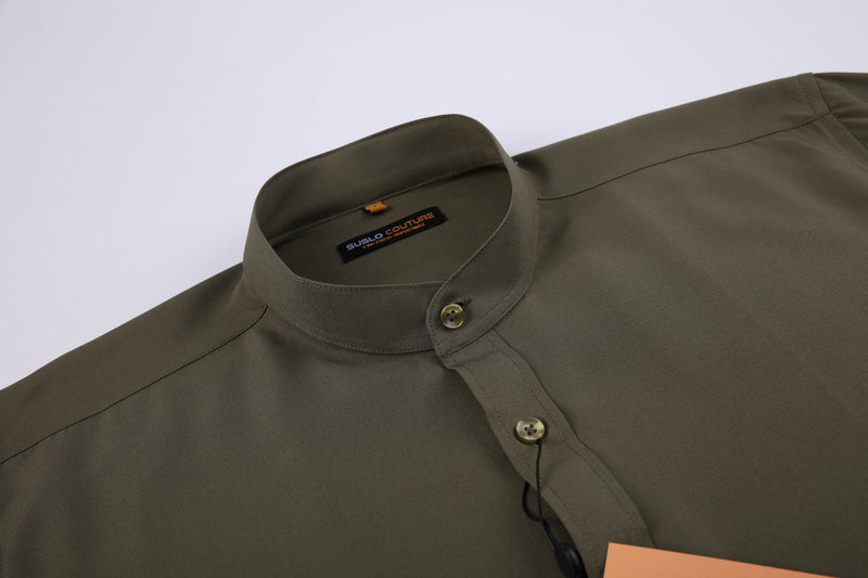 Banded Collar Solid Shirt - Olive