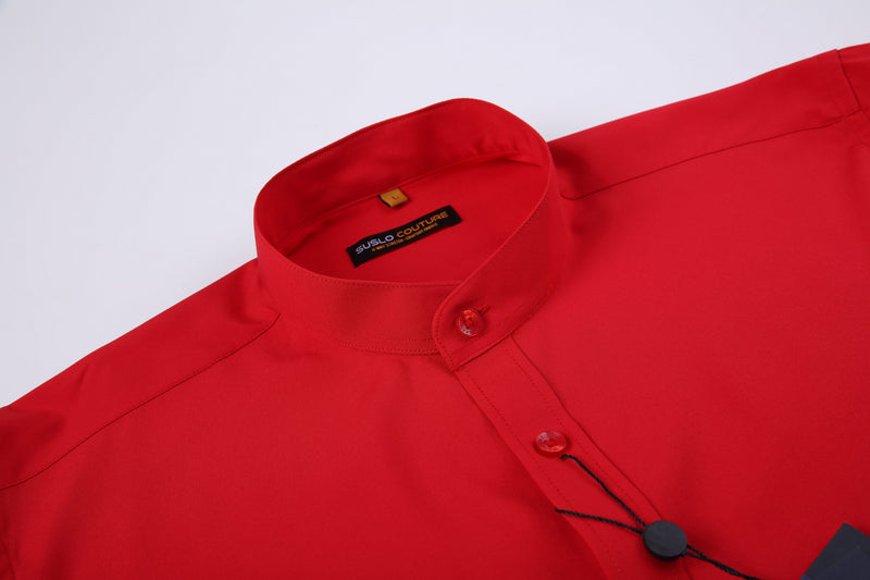 4 Way Stretch Mandarin Collar Solid Shirt - Red