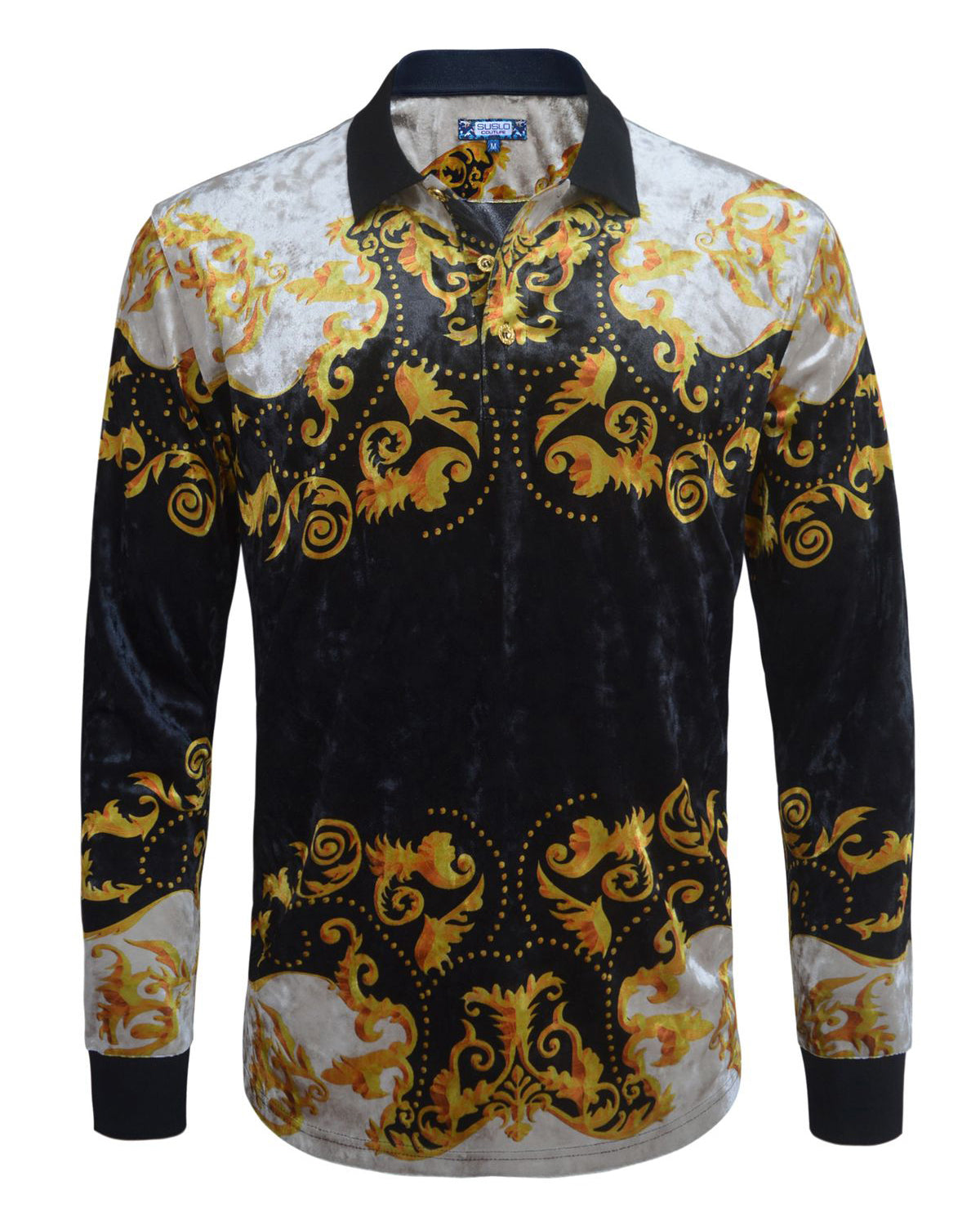 Velvet Textured Solid Black/Gold Polo – Suslo Couture