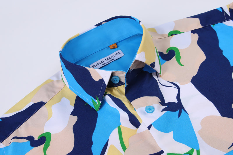 Suslo Floral Printed Short Sleeve Shirt (SC520-2-Blue)